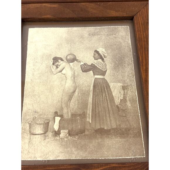 Vintage Sepia “Americana Woman Bathing” Print R. Hendrickson in Oak Wood Frame - Picture 3 of 11